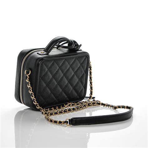 Chanel Black Quilted Caviar CC Filigree Vanity Case Brushed 